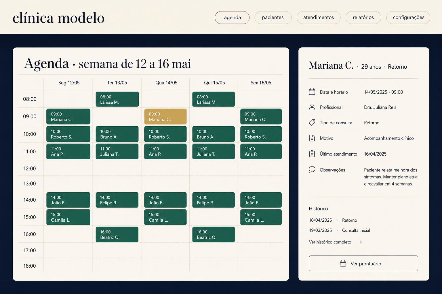 Tela de agenda com explicação de tipos de consulta e consultas confirmadas