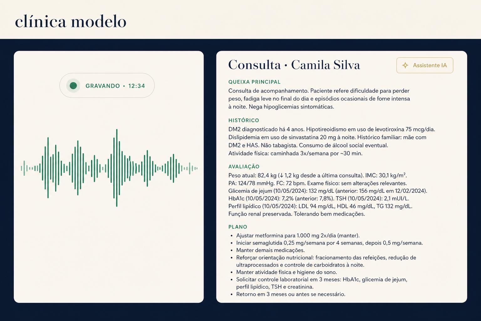 Tela de consulta com transcrição em tempo real e prontuário gerado por IA