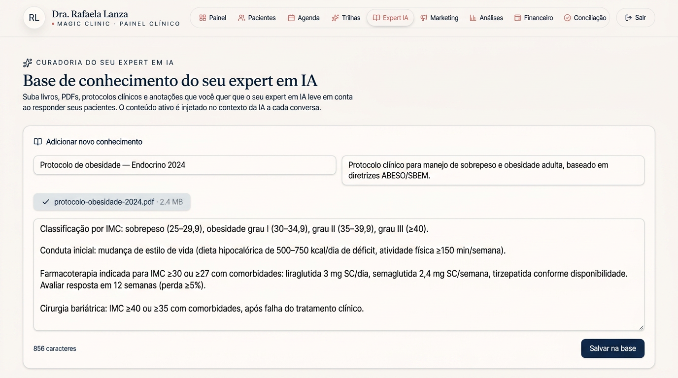 Curadoria da IA com upload de PDFs e lista de conteúdos ativos