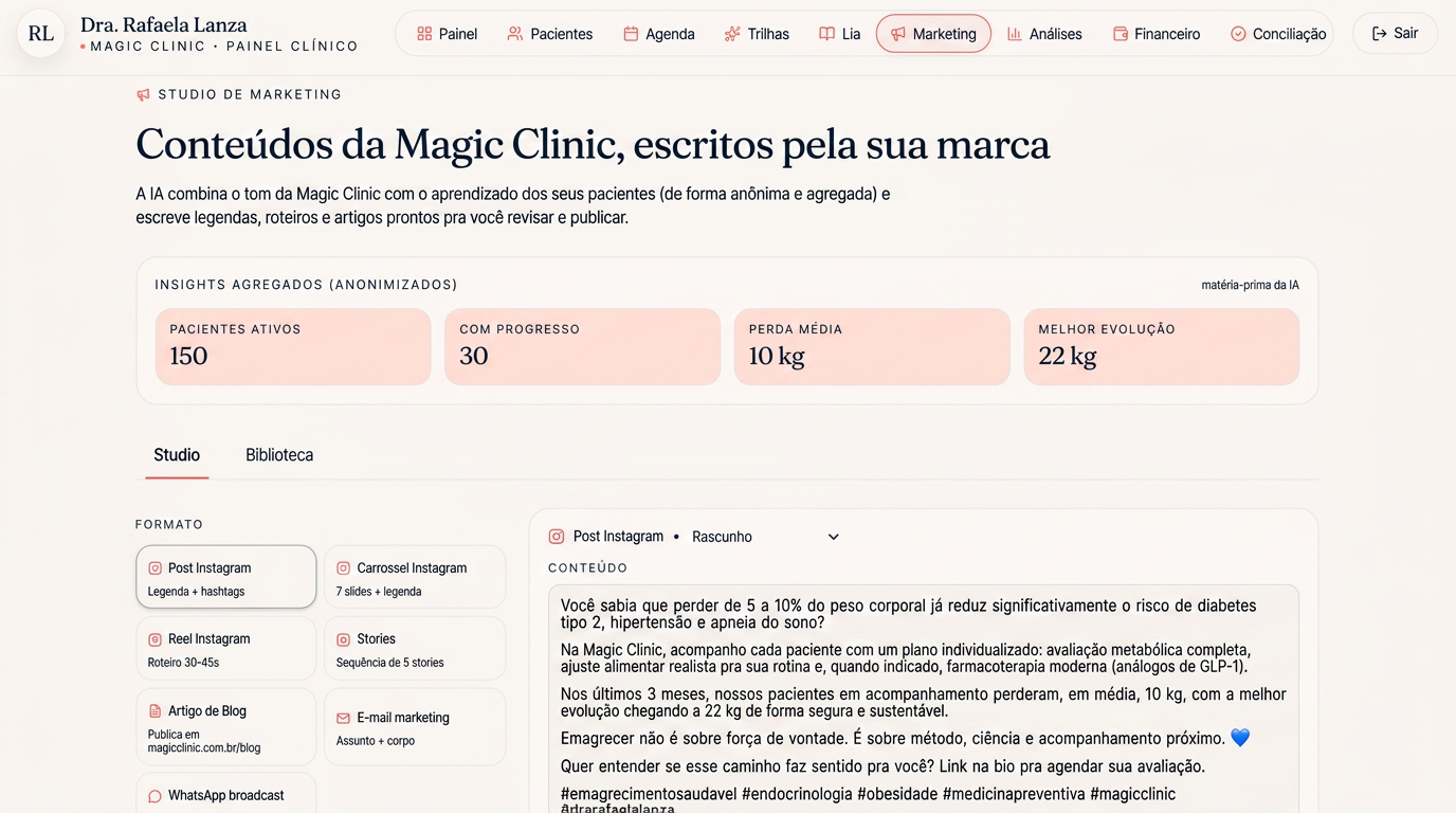 Studio de marketing com IA gerando legenda, hashtags e imagem para Instagram