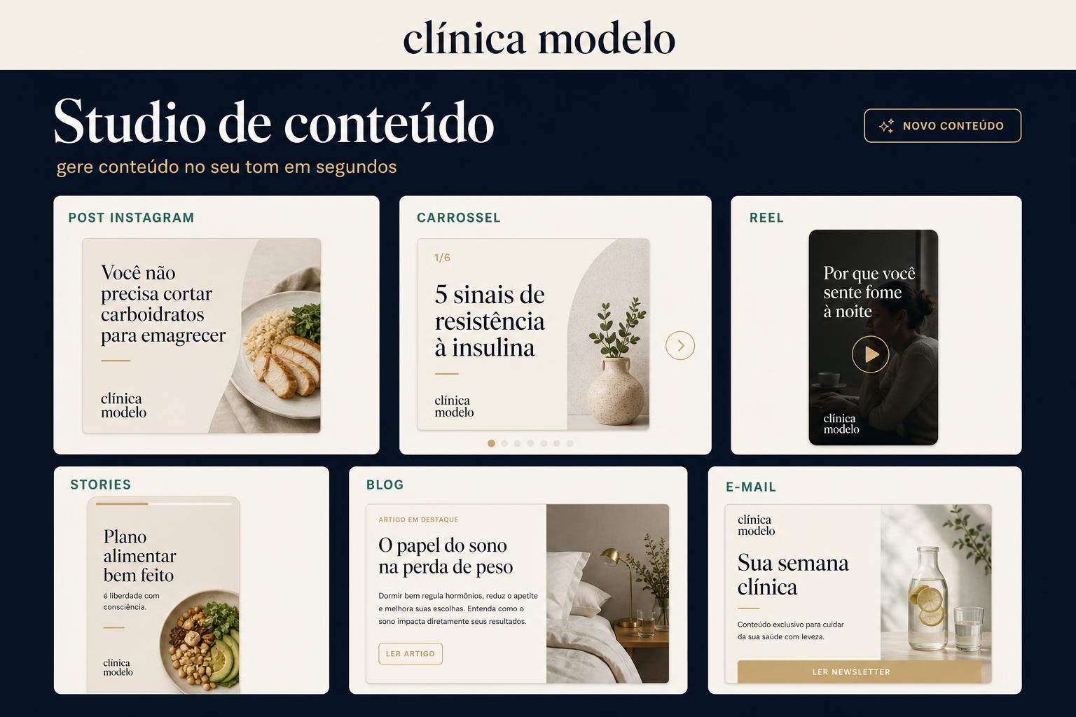 Studio de marketing com IA gerando legenda, hashtags e imagem para Instagram